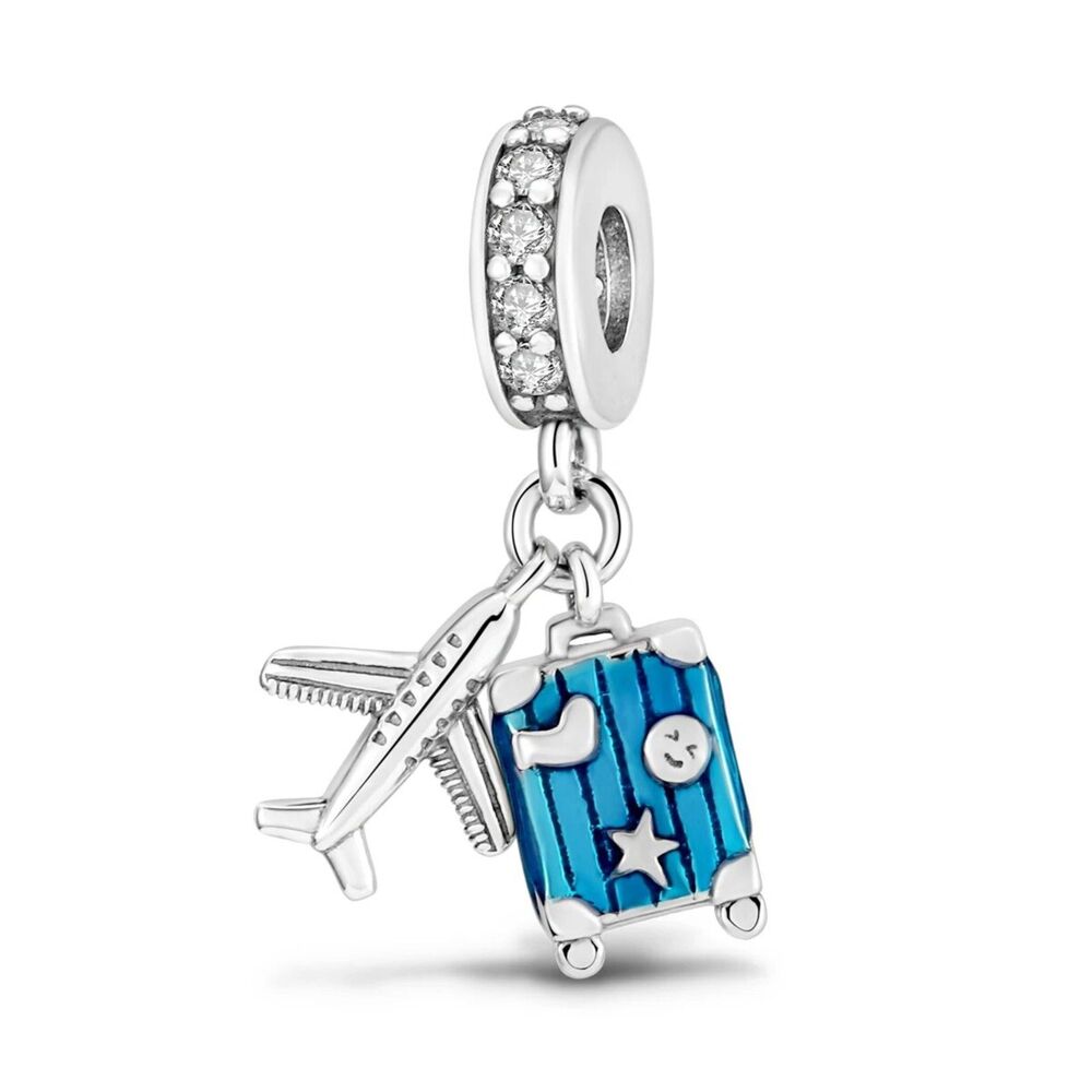 S925 Travel Double Dangle Charm Teal Luggage And Plane Sparkle Crusted Bail
